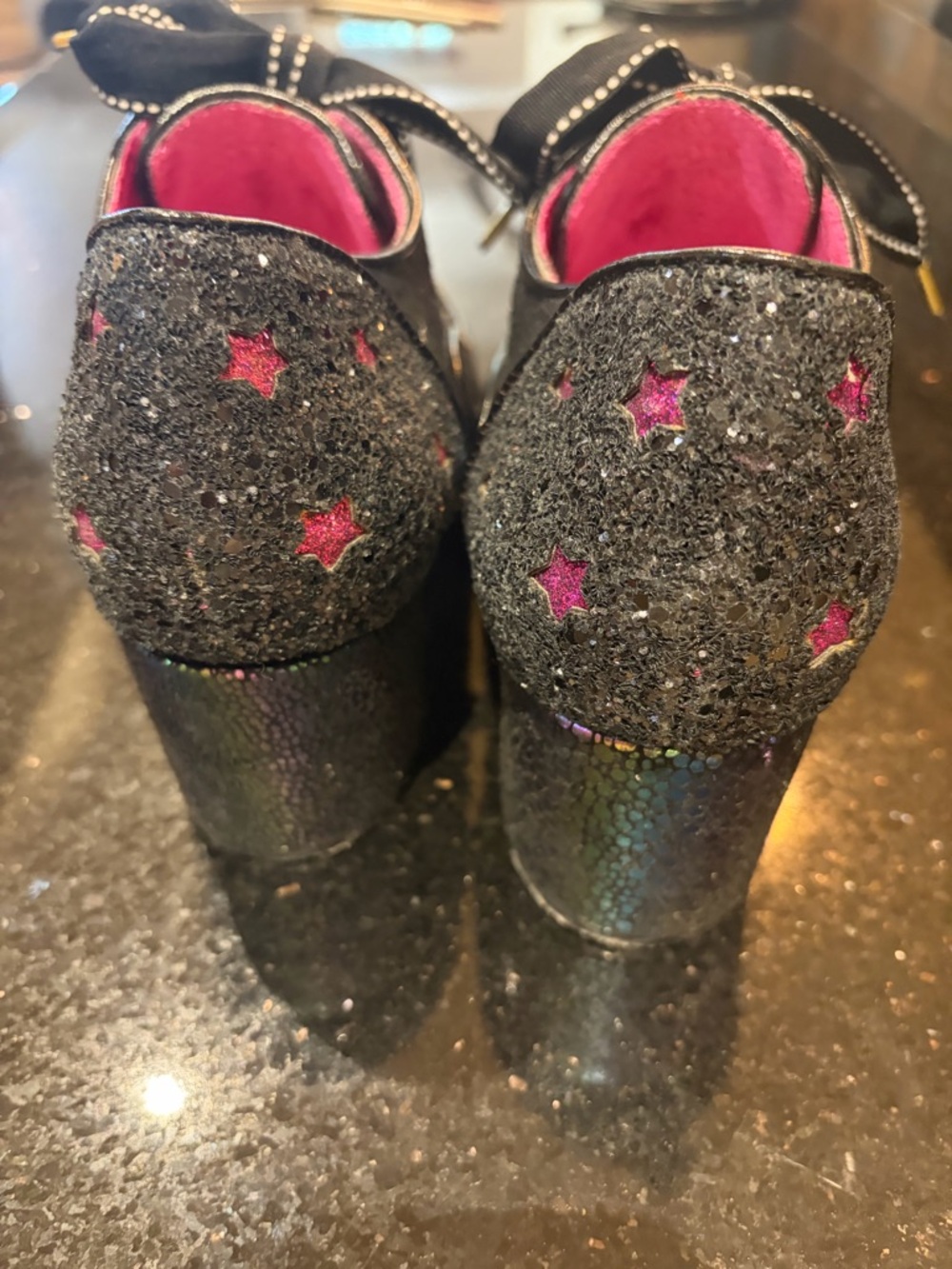 Irregular Choice Black Glitter chunky mid-heel with Rainbow Scale & Pink Stars - Picture 3 of 6